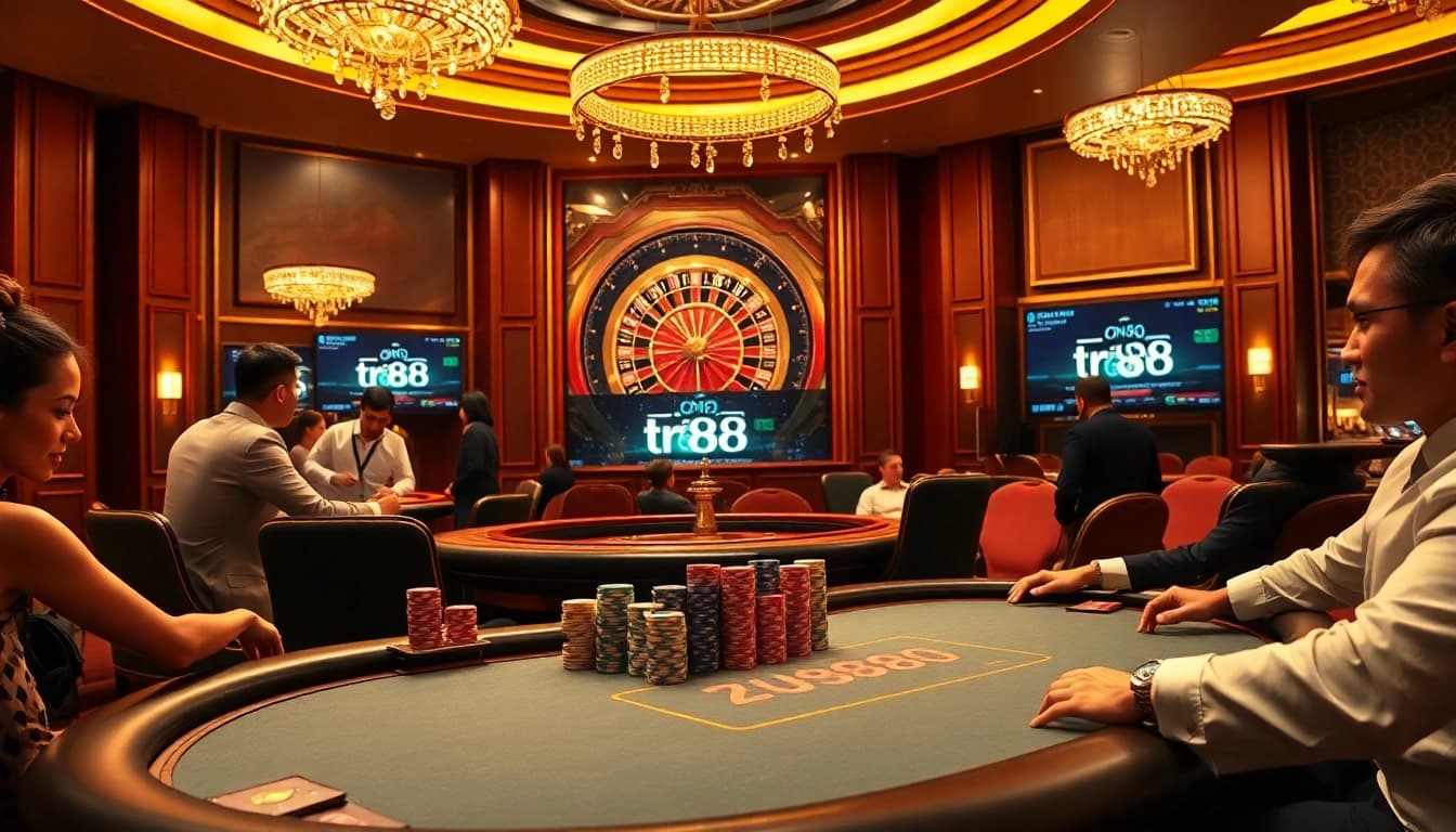 Experience high-stakes poker at tr88 with vibrant casino elements and luxurious ambiance.