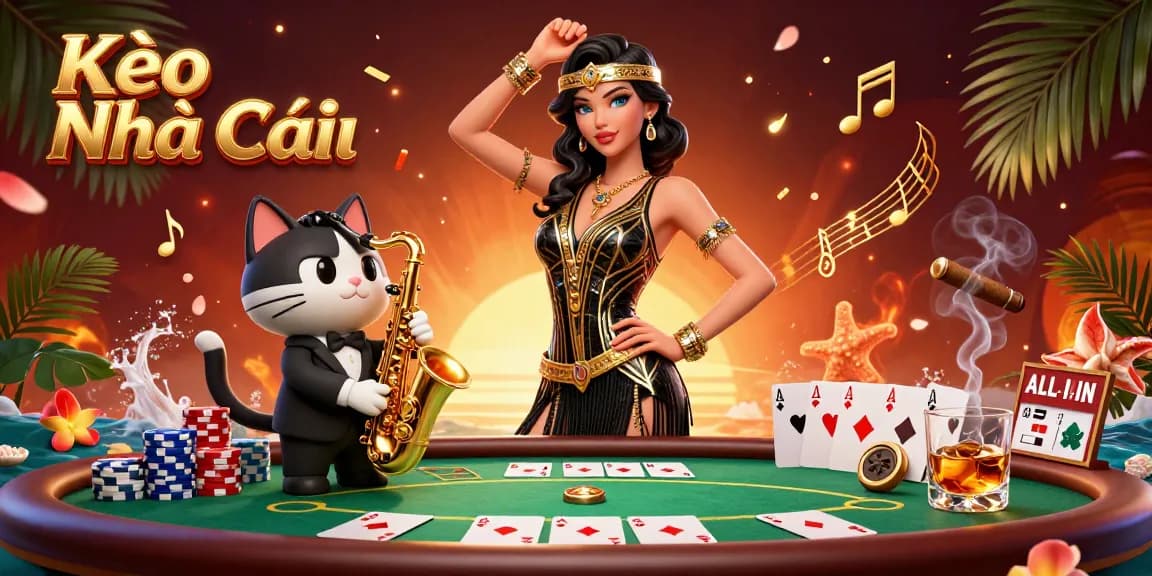 Engage with Kèo Nhà Cái through a vibrant 3D casino illustration featuring poker tables and lively characters.