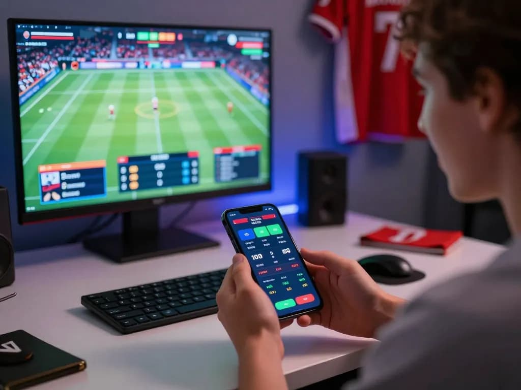 A person engaging with the rr88 wales sports betting app, surrounded by sports memorabilia, enjoying a dynamic betting experience at home.