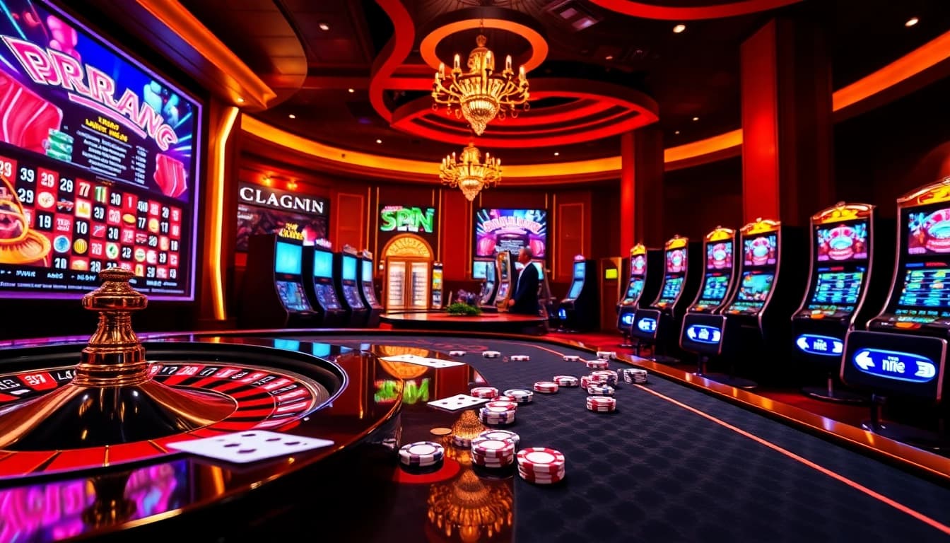 Engage in thrilling online gaming at nk88 com, showcasing colorful slot machines and a luxe casino atmosphere.