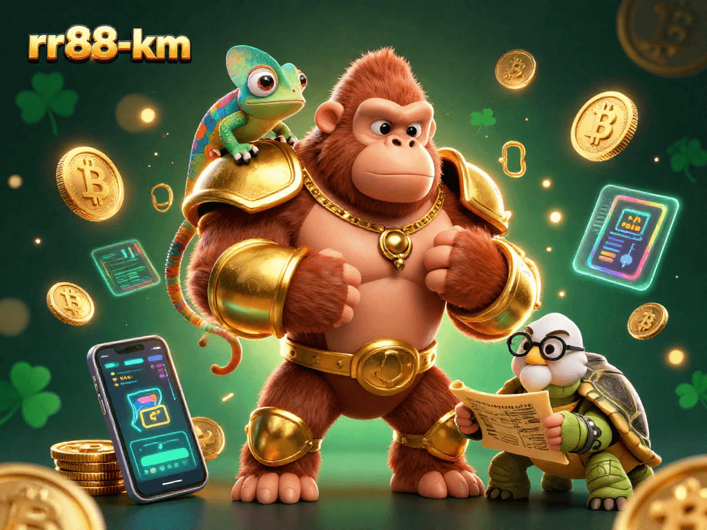 Engage with rr88-km's thrilling gaming world in a dynamic 3D display featuring vibrant characters and crypto elements.