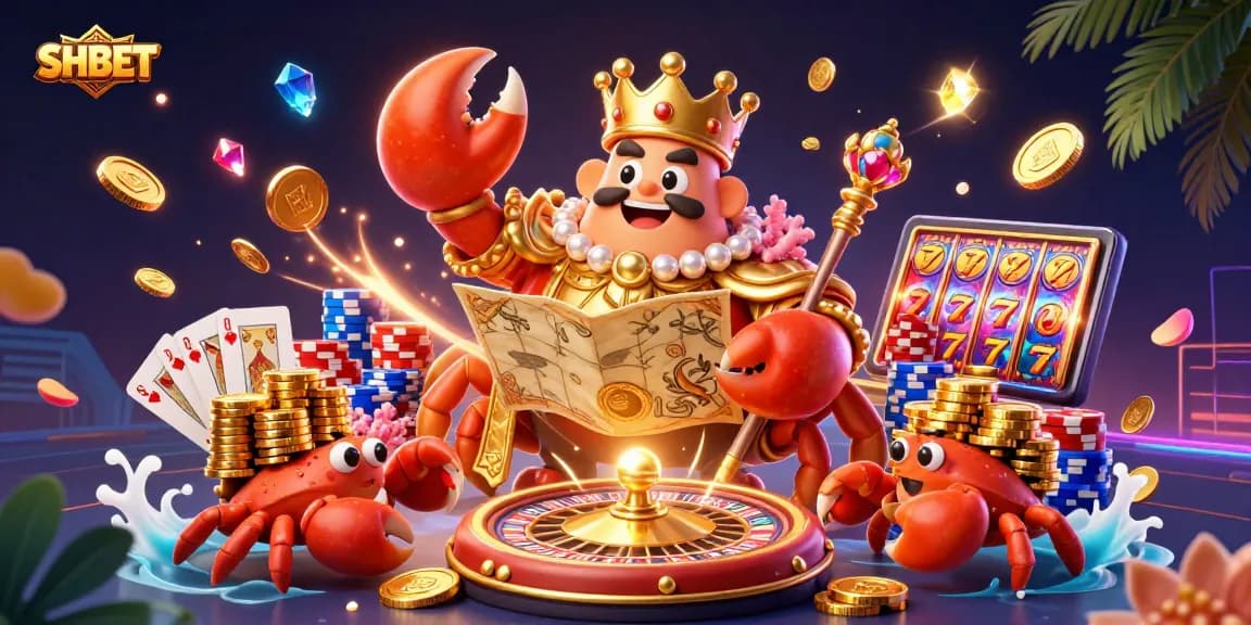 Join the fun at SHBET's casino with a golden crab emperor surrounded by riches!