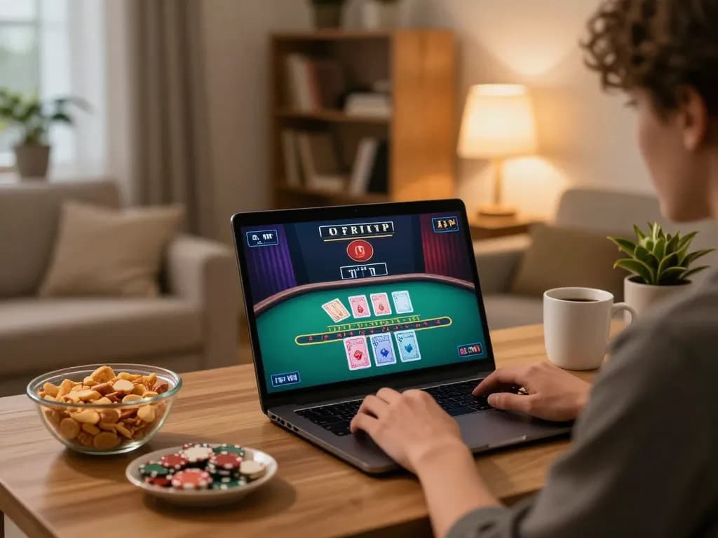Player enjoying online blackjack on 888top shop in a cozy home setting, emphasizing responsible gambling.