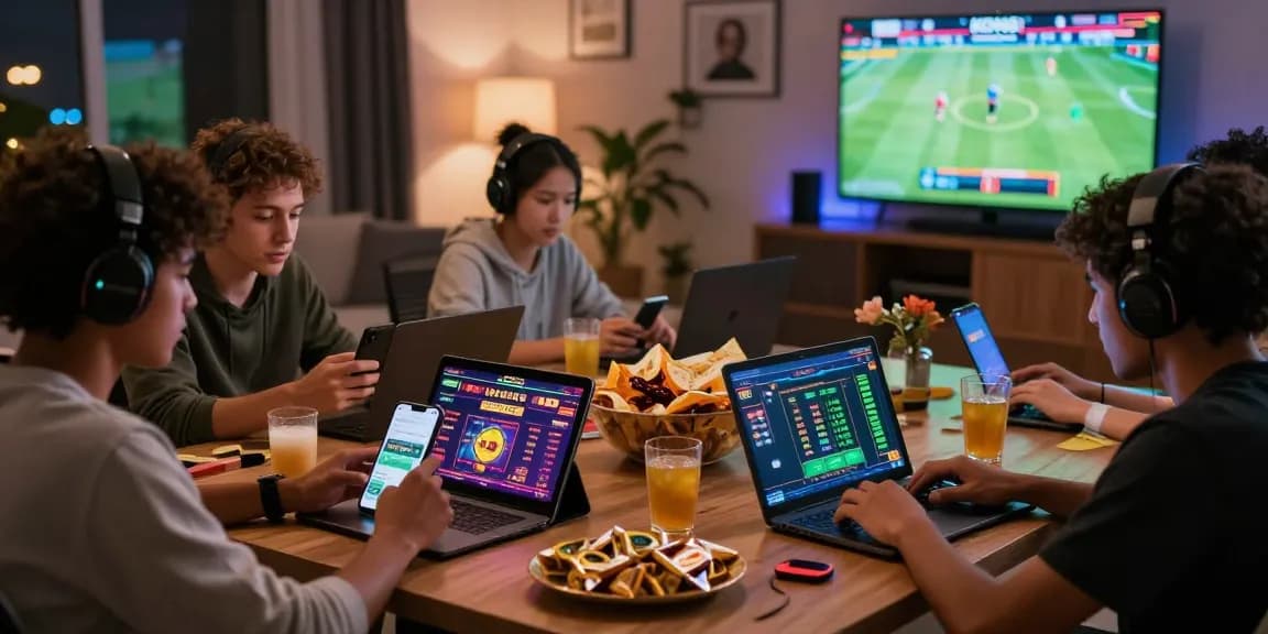 Keen players enjoying KO66 online gaming platform in a modern home.