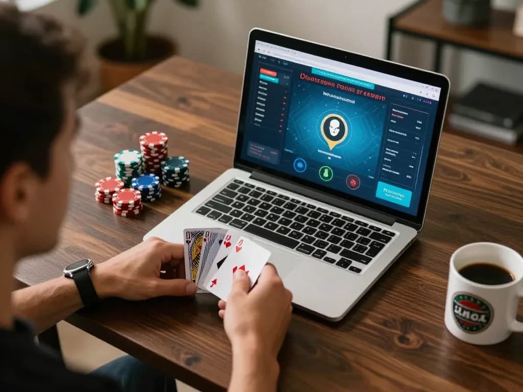 Player engaging in online poker action at home showcasing nhacaiuytinn gaming interface