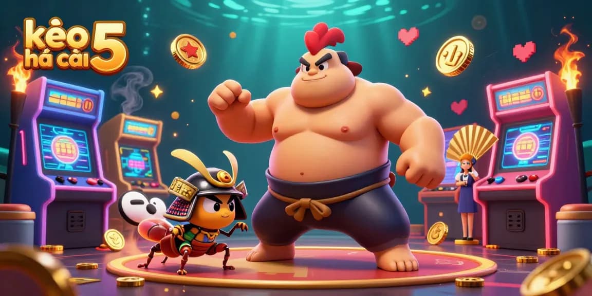Experience thrilling gameplay with kèo nhà cái 5 showing a powerful sumo wrestler rooster and fierce cricket in action.