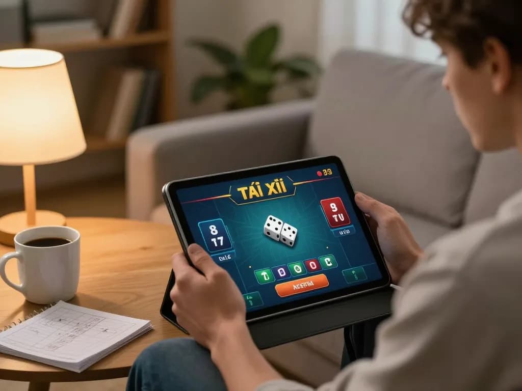 Tai Xiu Online gaming on a tablet at home, emphasizing gameplay strategy at taixiuonline8.