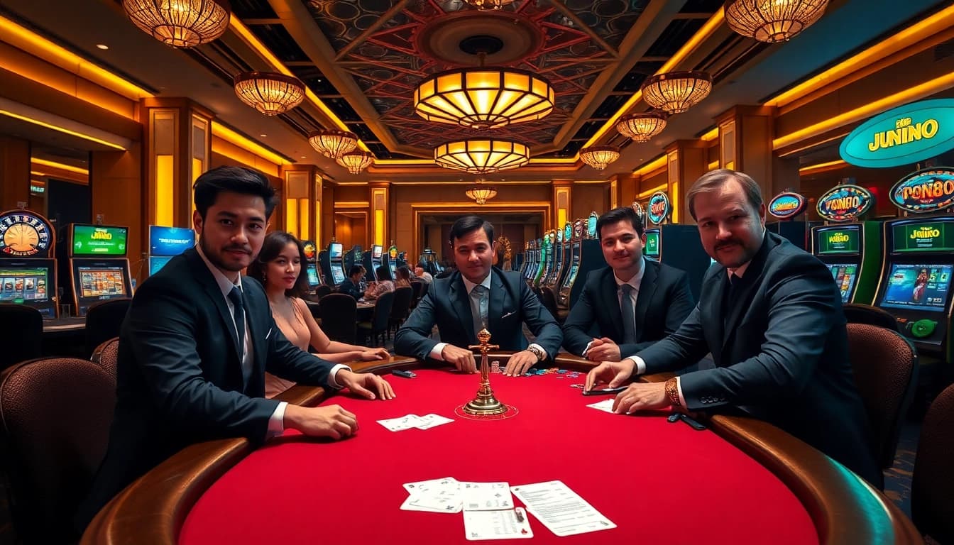 Experience the excitement of nhà cái jun88 in a bustling casino with poker tables and slot machines.