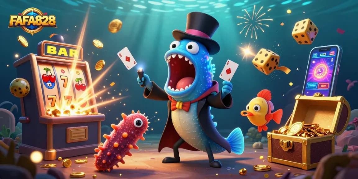 Experience thrilling gameplay at FAFA828 with a vibrant casino scene showcasing slot machines and card games.