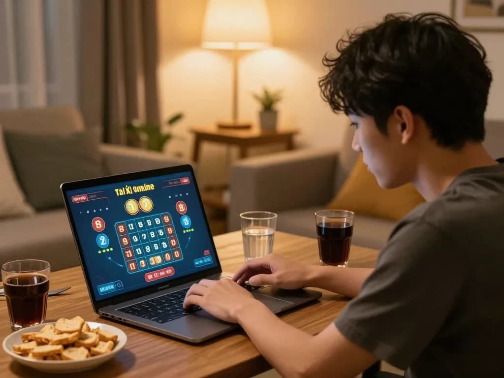 Tài xỉu online player placing bets on laptop in cozy home setting.