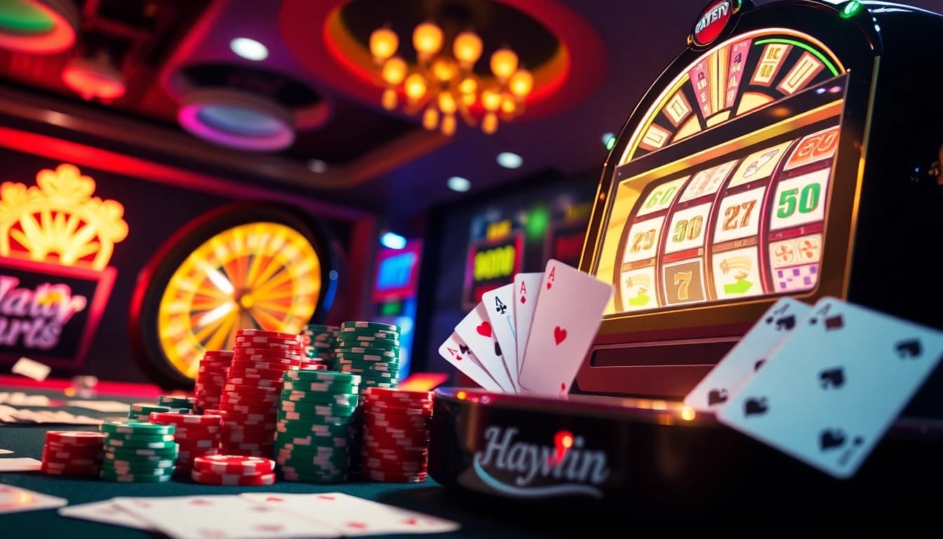 Experience thrilling gameplay at Haywin with vibrant casino visuals featuring roulette and slot machines.