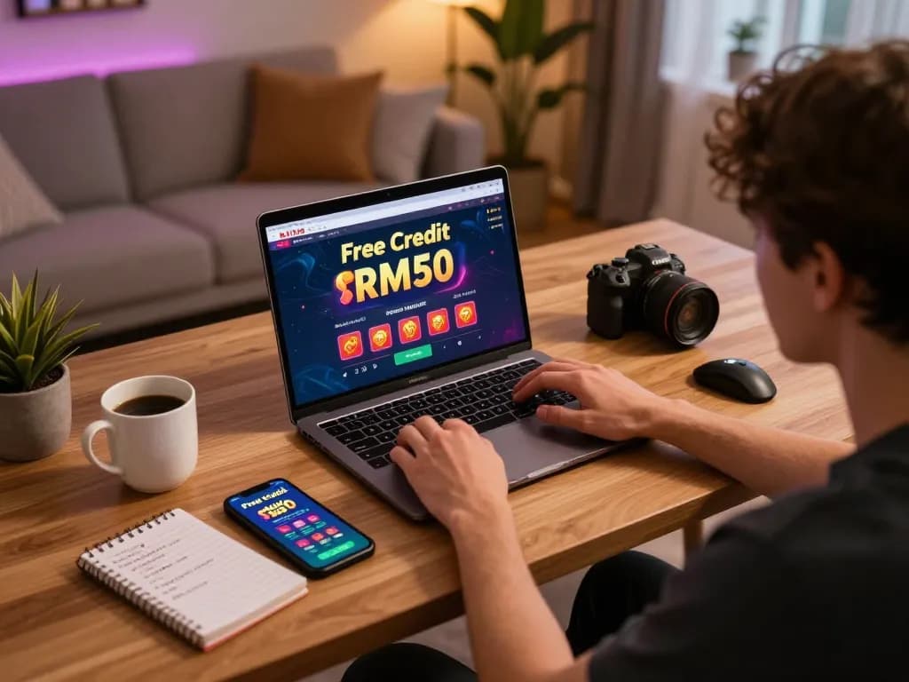Kaya88 free credit displayed on a laptop screen as a player engages in online gaming, showcasing strategic betting notes on the side.