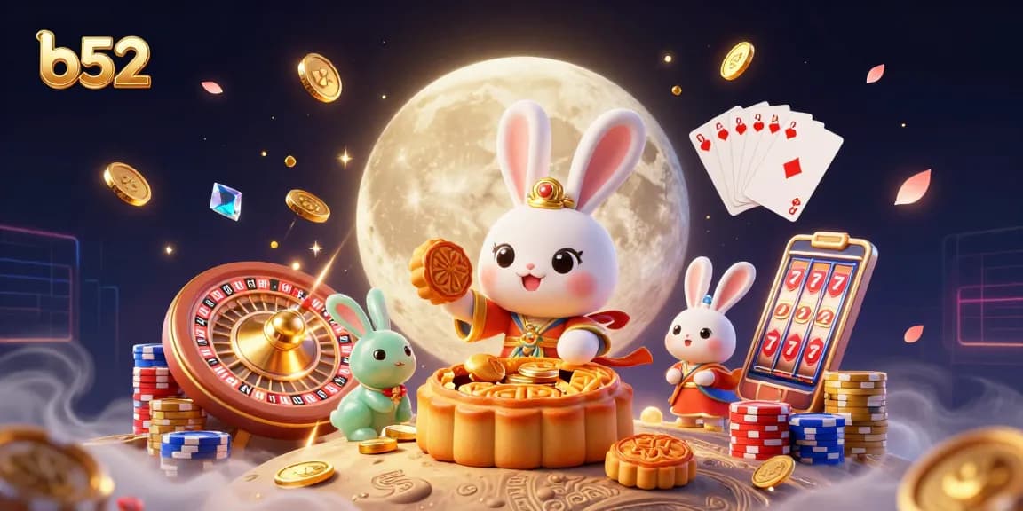 Engage with the vibrant b52 casino scene featuring a moon rabbit and poker chips amid cascading treasures.