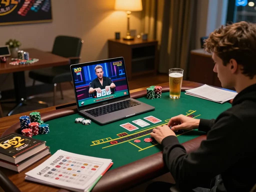 B52 club online player engaged in a Blackjack game, showcasing an immersive home gaming setup.