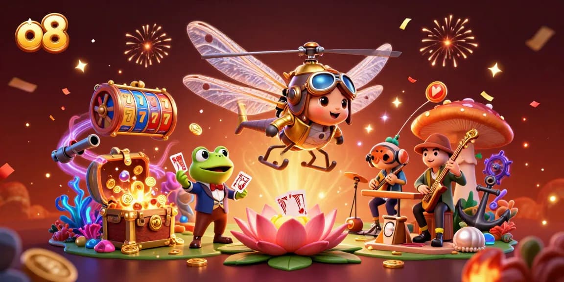 Experience thrilling adventures at o8 with a lively casino scene featuring vibrant characters and games.