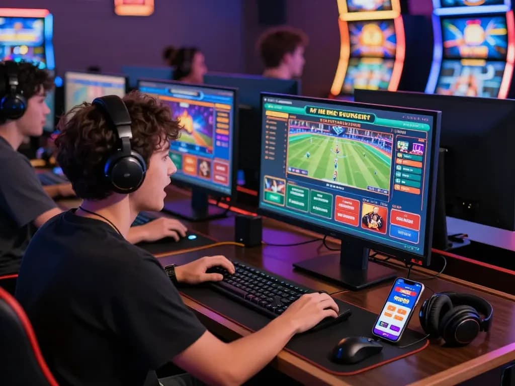 Energetic online gambling scene showcasing players on HM88 platform with vibrant game interfaces.