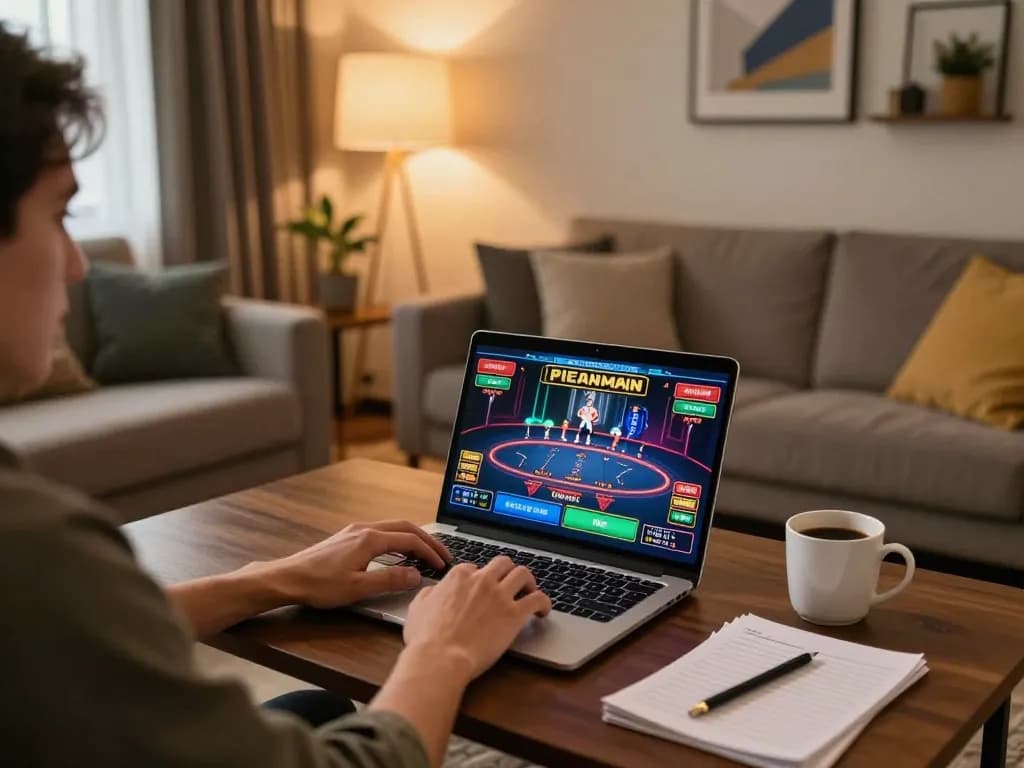Engage with nhà cái online uy tín at home, enjoying a live dealer casino game on laptop.