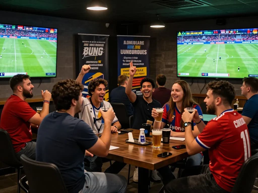 Exciting atmosphere at a sports lounge with fans celebrating goals while following Nowgoal for live betting.