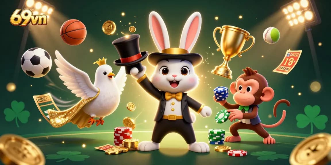 Experience thrilling casino action with the fun-filled 69vn illustration featuring energetic characters and vibrant sports elements.