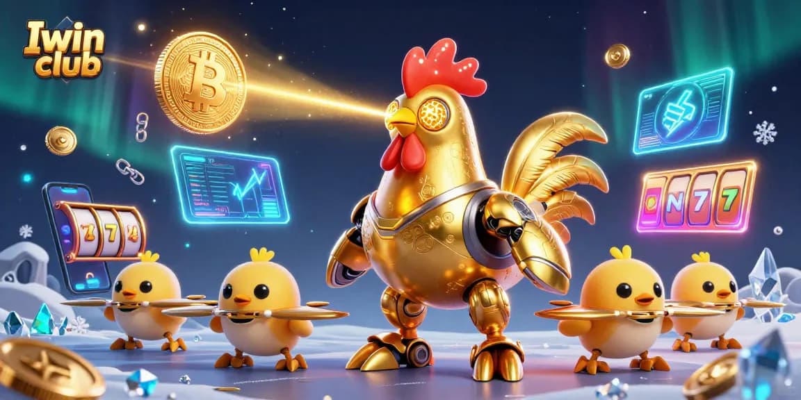 Iwin club showcases a golden rooster robot with baby chick drones amidst vibrant casino elements.