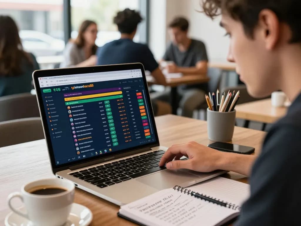 Person analyzing betting odds on tylekeonhacai88 platform in a lively café environment