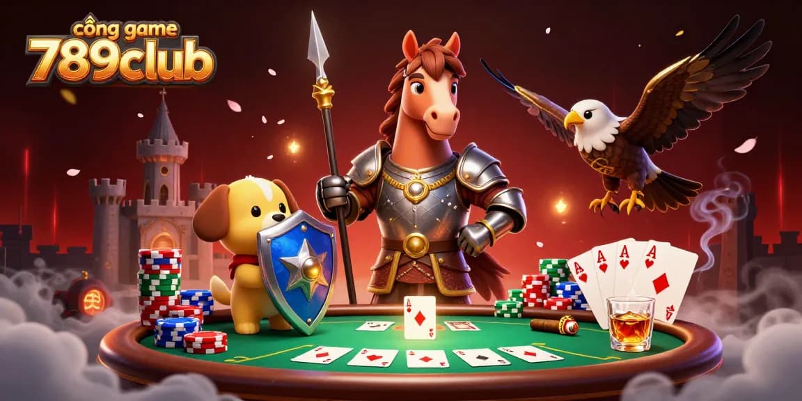 Experience the excitement of cổng game 789club with a vibrant 3D illustration showcasing knights and poker elements.