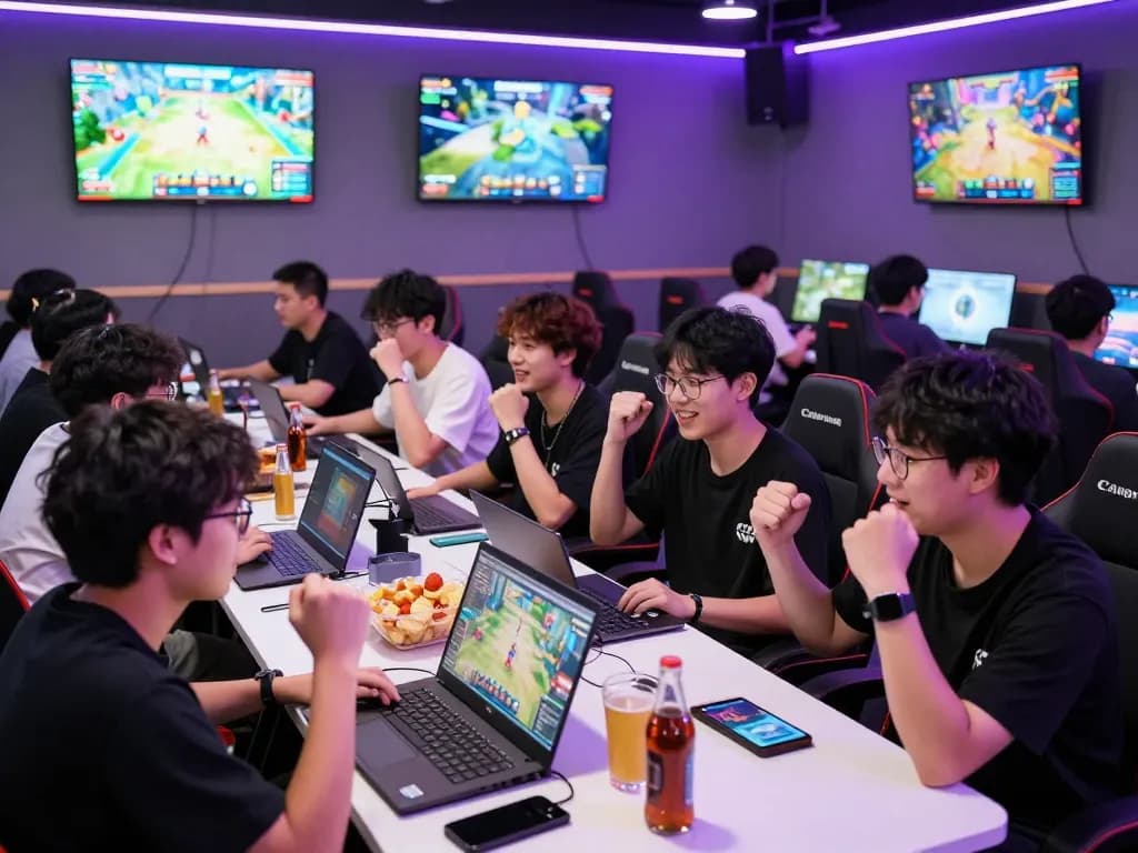 Engaged players enjoying online gaming at hitclub in a vibrant digital lounge.