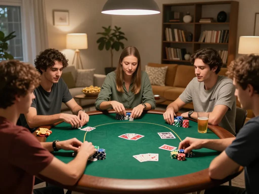 Friends enjoying an intense keonhacai poker game at home, vibrant chips and cards in play.
