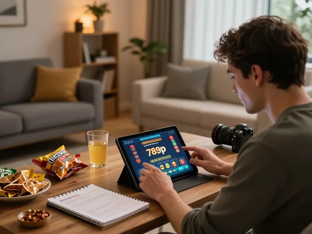 Player enjoying a thrilling session on the 789p app at home, showcasing strategic gambling moments.
