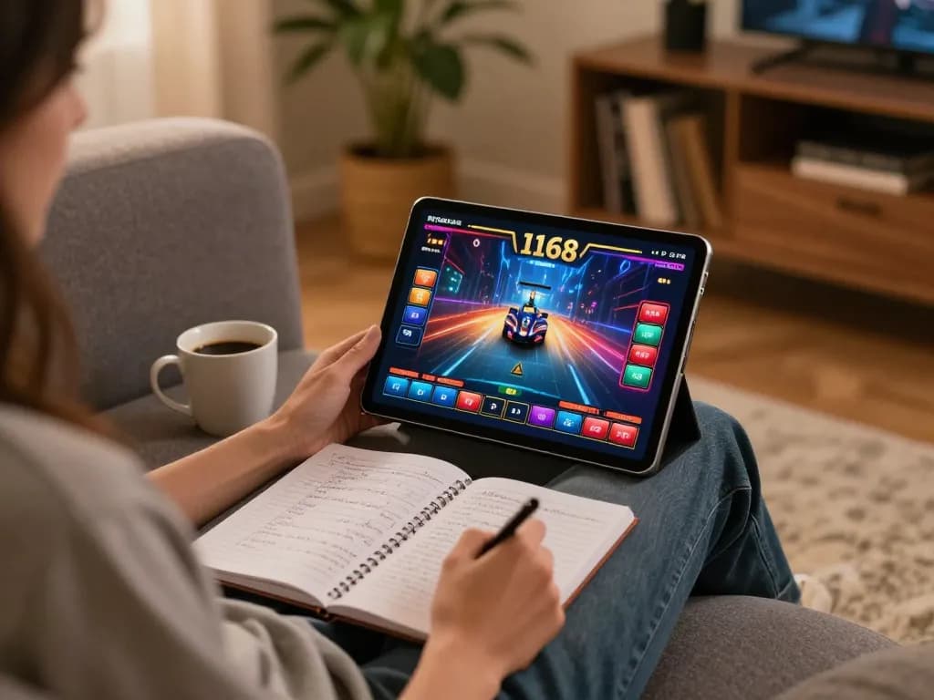 Person enjoying F168 online casino gaming on tablet at home, showcasing strategic betting notes.