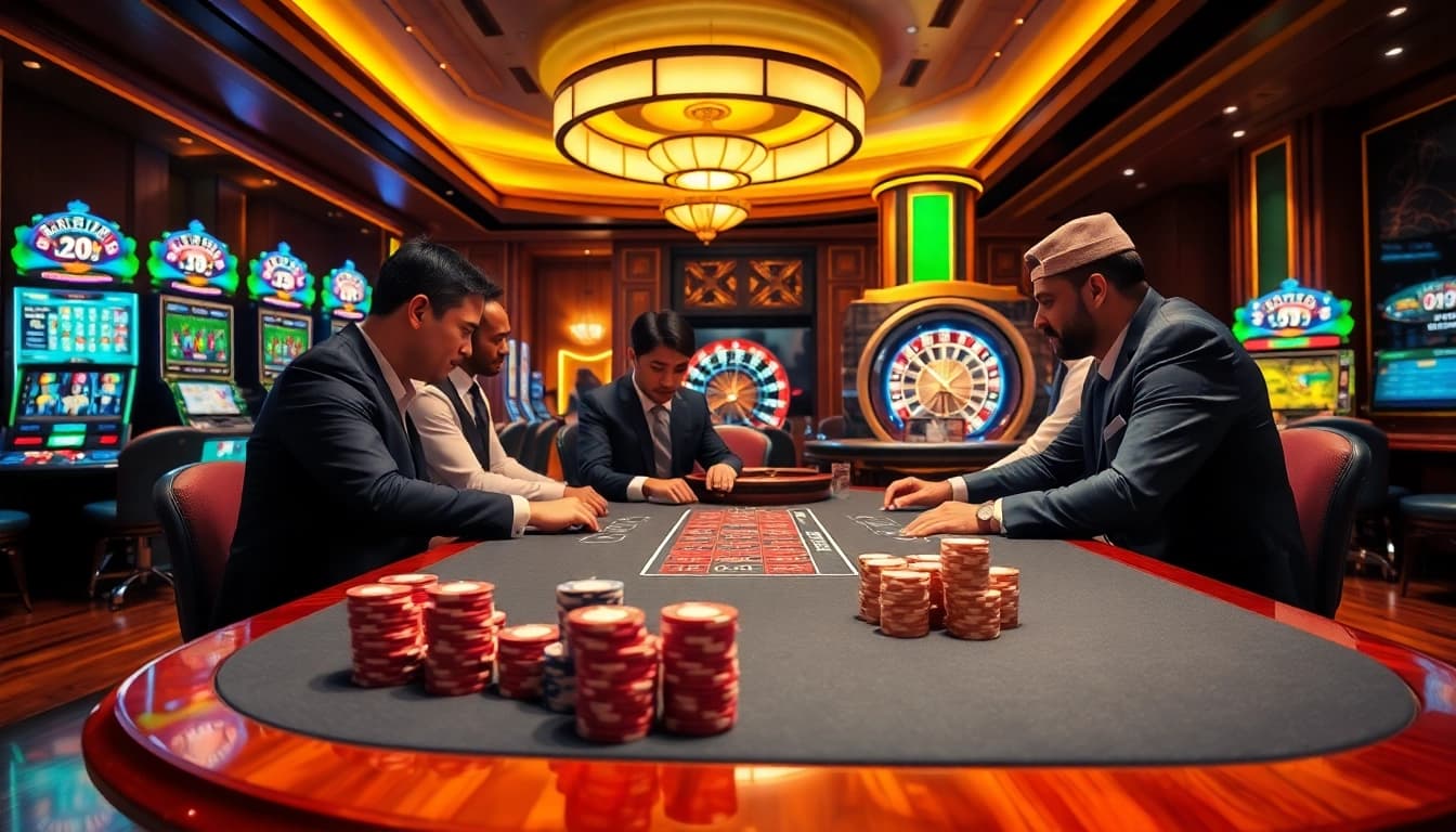 An exhilarating poker game scene at 98win casino, showcasing professional players and vibrant slot machines.