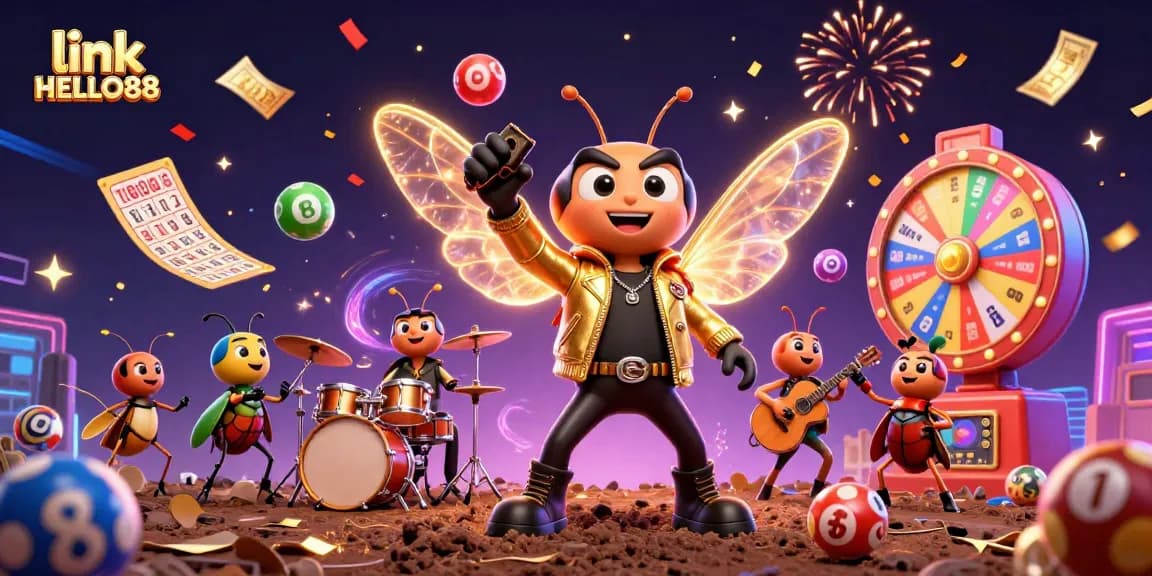 Experience the excitement of winning with link HELLO88's dynamic casino scene featuring vibrant characters and games.
