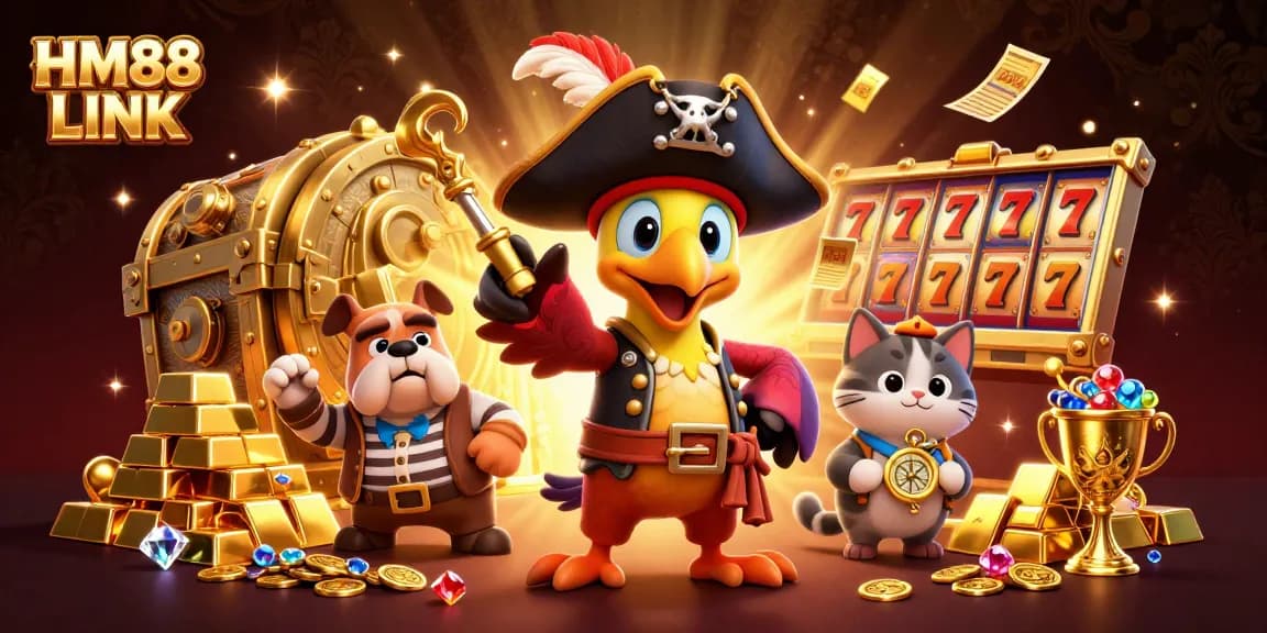 Engage with the thrilling HM88 LINK as the vibrant pirate captain parrot leads adventure among dazzling casino treasures.