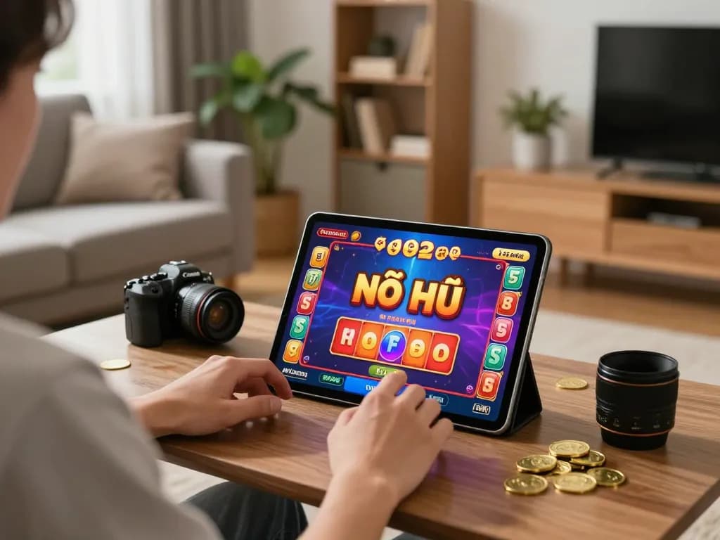 Nổ Hũ gameplay on a tablet in a stylish living room, showcasing an exciting jackpot win.