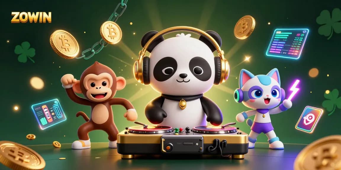 ZOWIN showcases a vibrant scene with characters in a casino-themed illustration, featuring fun slots and crypto elements.