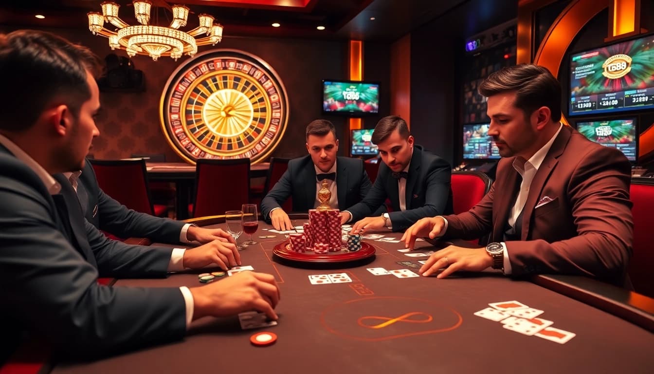 Engaging in a high-stakes poker game at tg88 casino, surrounded by vibrant chips and exciting atmosphere.