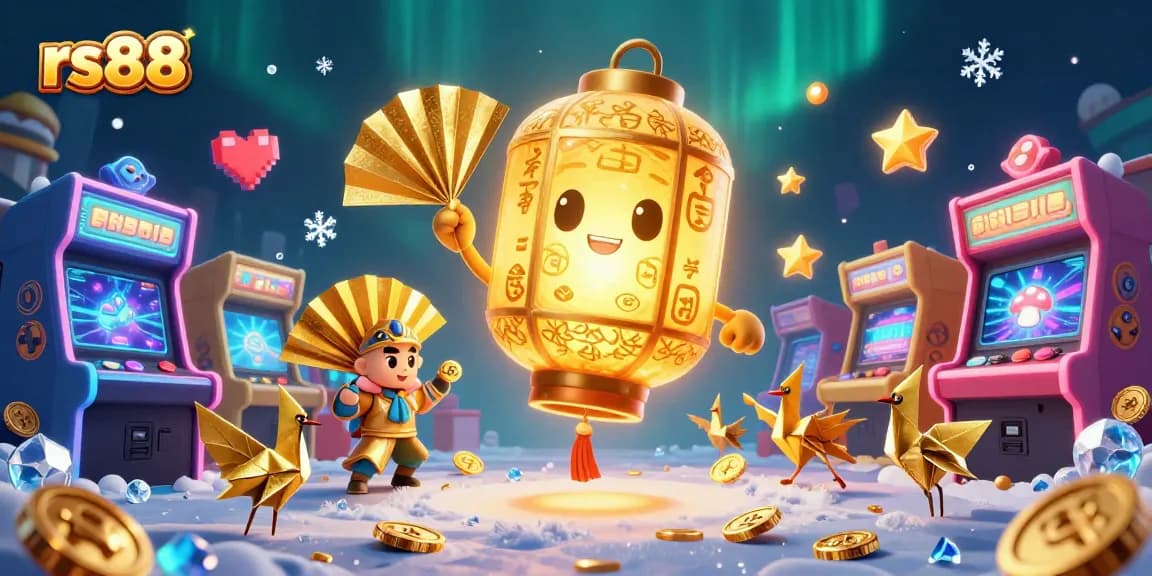 Experience thrilling gameplay at rs88 with a golden lantern spirit, arcade machines, and lucky symbols.