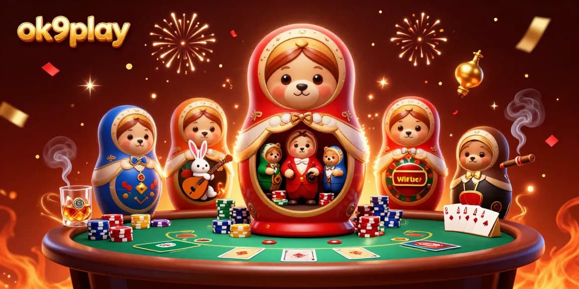 Engage in thrilling casino action with ok9play, showcasing colorful poker elements and festive characters.