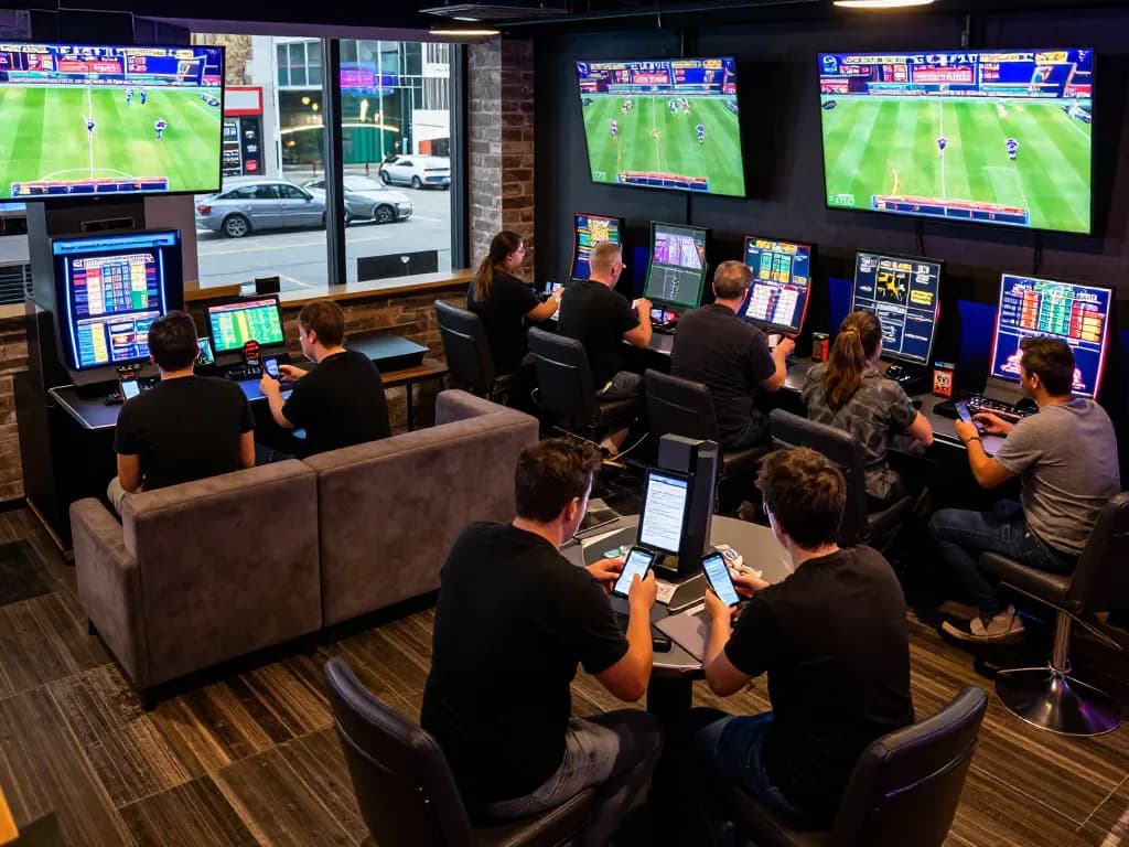Engaged bettors using 9BET app in a vibrant sports betting lounge