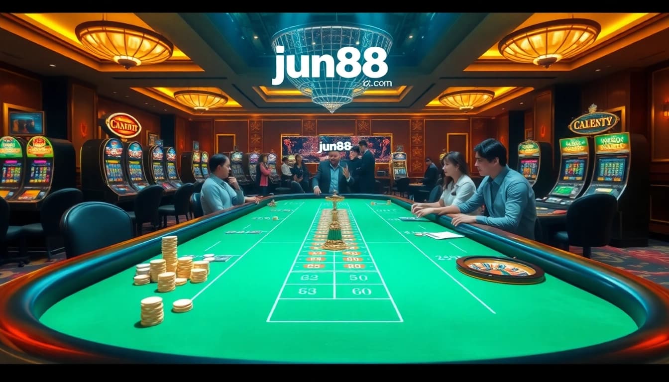 Experience thrilling gameplay at jun88.com with luxurious casino tables and vibrant slot machines.
