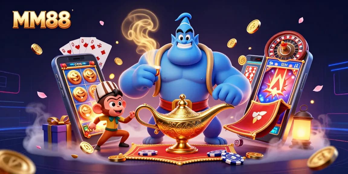 Experience the excitement of MM88 with a vibrant 3D scene featuring magical casino elements and characters.