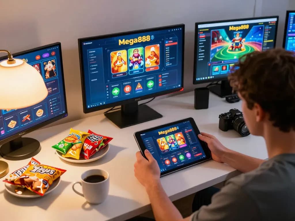 Player engaging with the Mega888 app in a cozy home setting, highlighting mobile gaming excitement