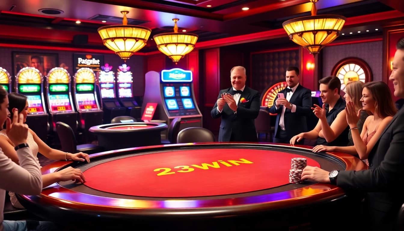 Experience the thrilling atmosphere of 23Win casino with exciting poker action and vibrant slot machines.