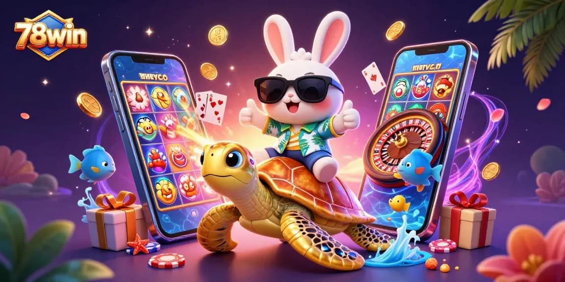 Experience thrilling gaming moments with 78win and the lucky characters in a dynamic casino scene.