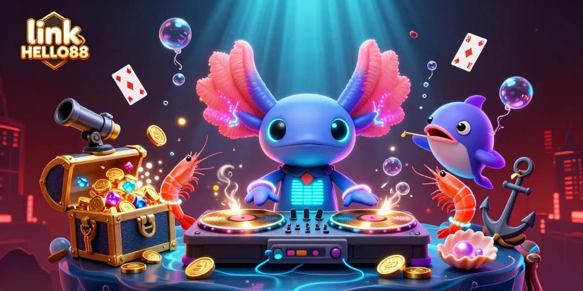 Experience gaming excitement with link HELLO88's vibrant underwater casino scene thriving with energetic characters and sparkling treasures.