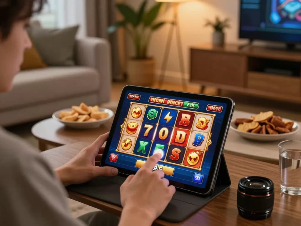 Experience the excitement of EU9 online slots with vibrant reels in a cozy home setting