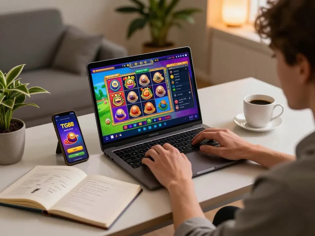 Player engaged in gaming on TG88 casino app with laptop and strategy notebook.