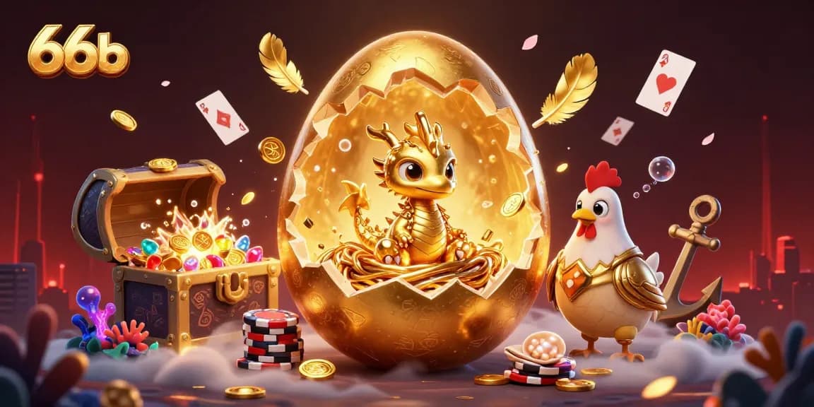 Experience thrilling action with the 66b baby dragon emerging from a golden egg amidst poker chips.
