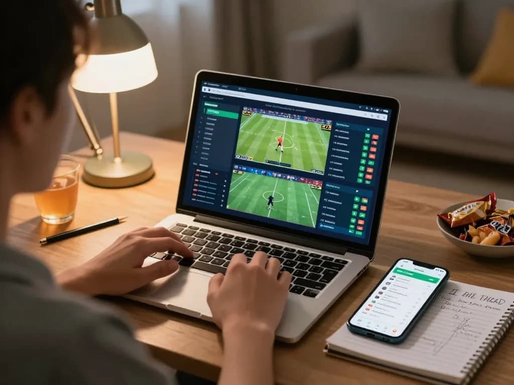 A person engaging in online sports betting at home with luck8mb displayed on the laptop and smartphone.