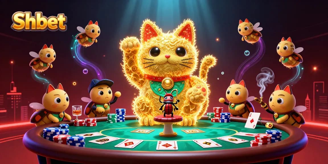 Shbet brings fortune to players as a lucky cat waves in a vibrant casino scene.